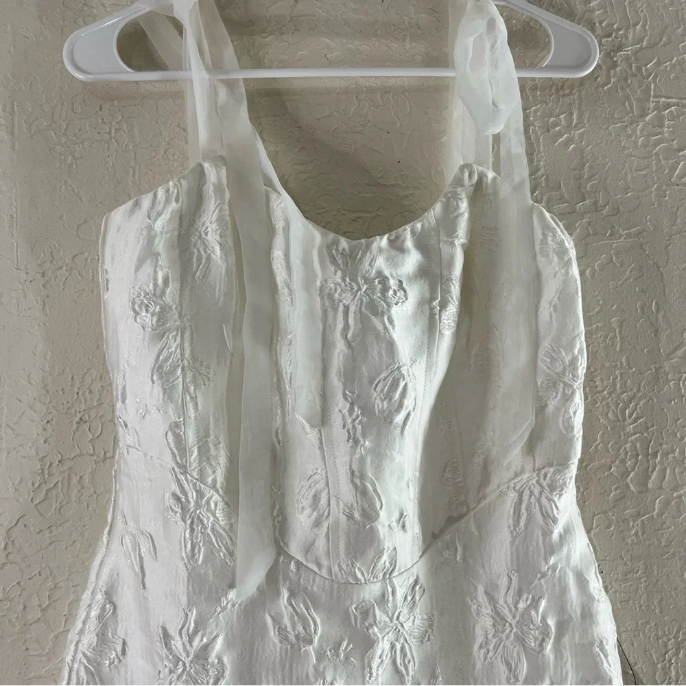 Lulu's Gorgeous Persona White Satin Jacquard Tie Strap Midi Dress - Picture 4 of 15